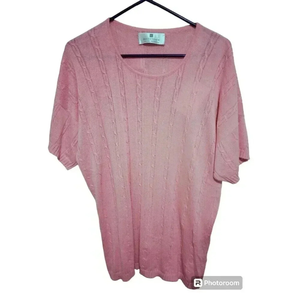 Ballantyne Vintage Sweater Silk Pima Cotton Pink Short Sleeve Made In Scotland 6